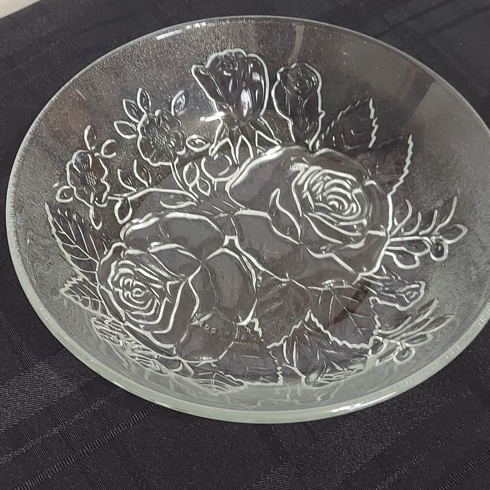 Firna Frosted Glass Bowl with Clear Raised Roses 1.75" tall x 7.5" wide